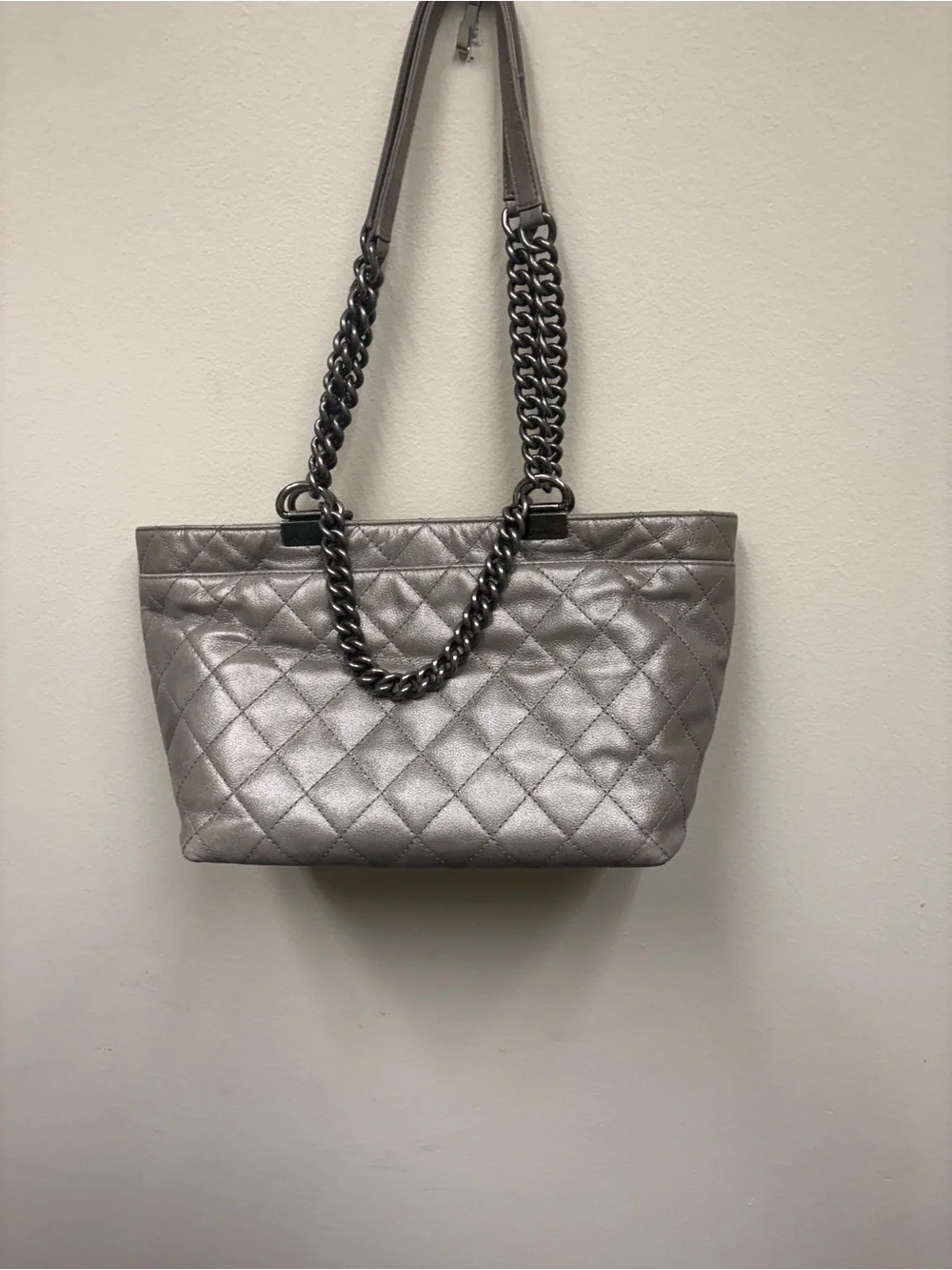 CHANEL Silver Quilted Leather Tote with CC Logo